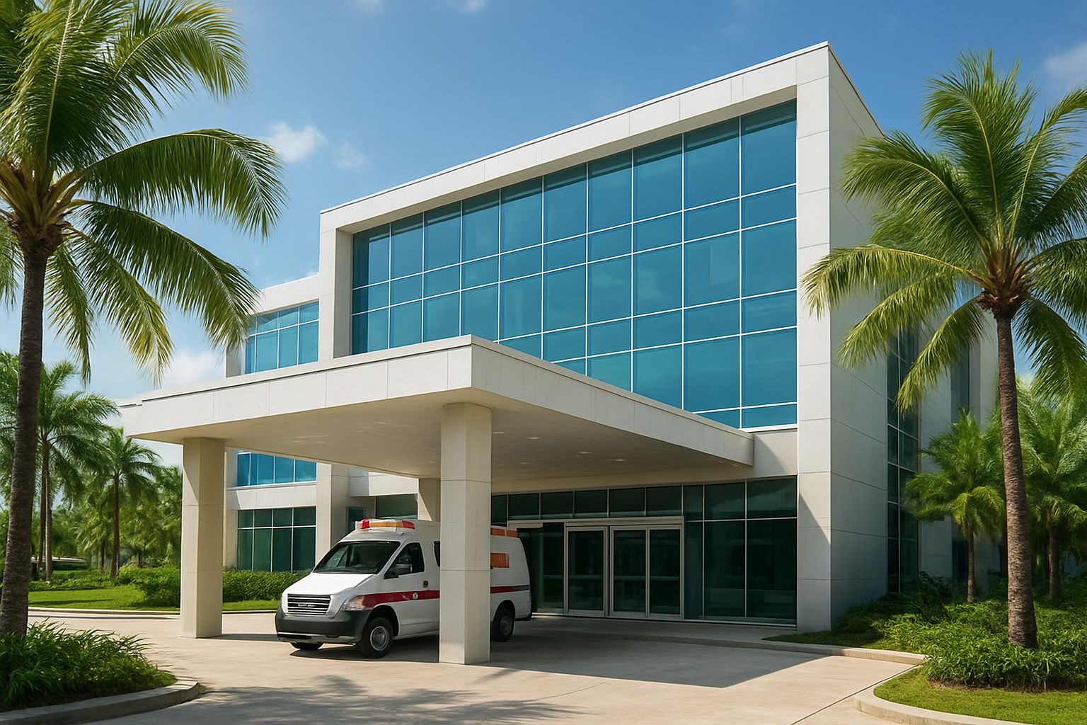 Entrada moderna de un hospital en el sudeste asiático con palmeras