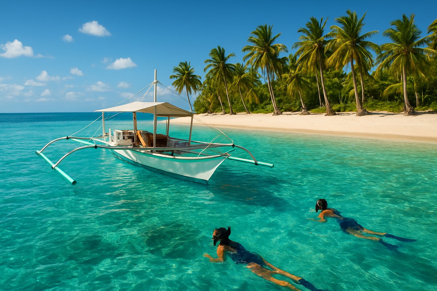 Barca de island hopping en aguas turquesa junto a playa de arena blanca