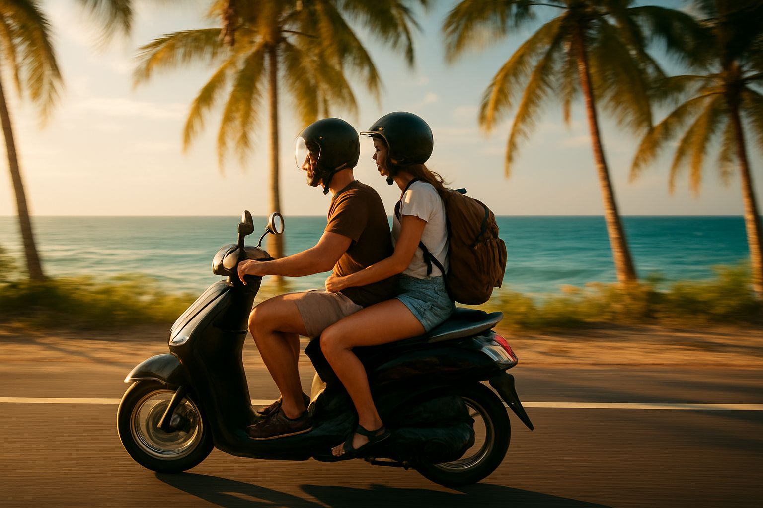 Dos viajeros con casco en una moto de alquiler por una carretera costera del sudeste asiático