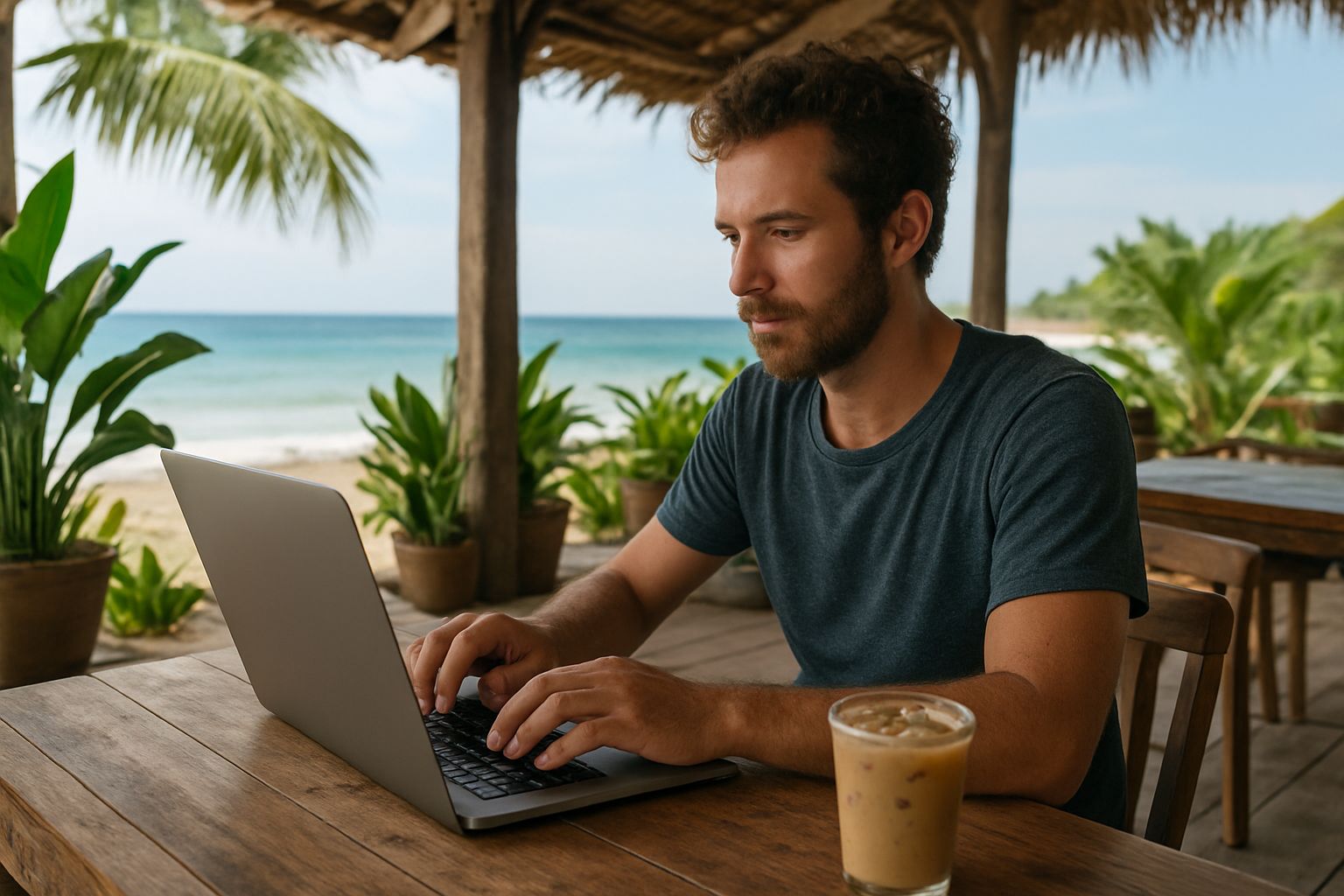 Nómada digital trabajando con un portátil en una cafetería abierta junto a la playa