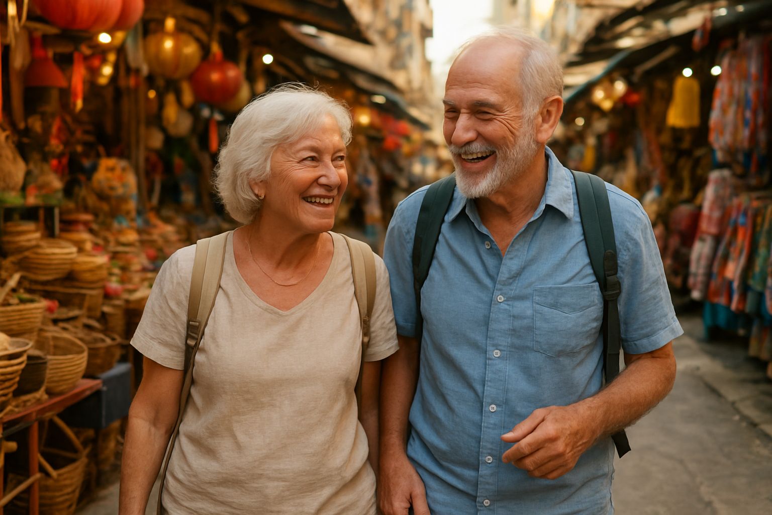 Pareja jubilada sonriente paseando por un mercado callejero asiático con mochilas ligeras