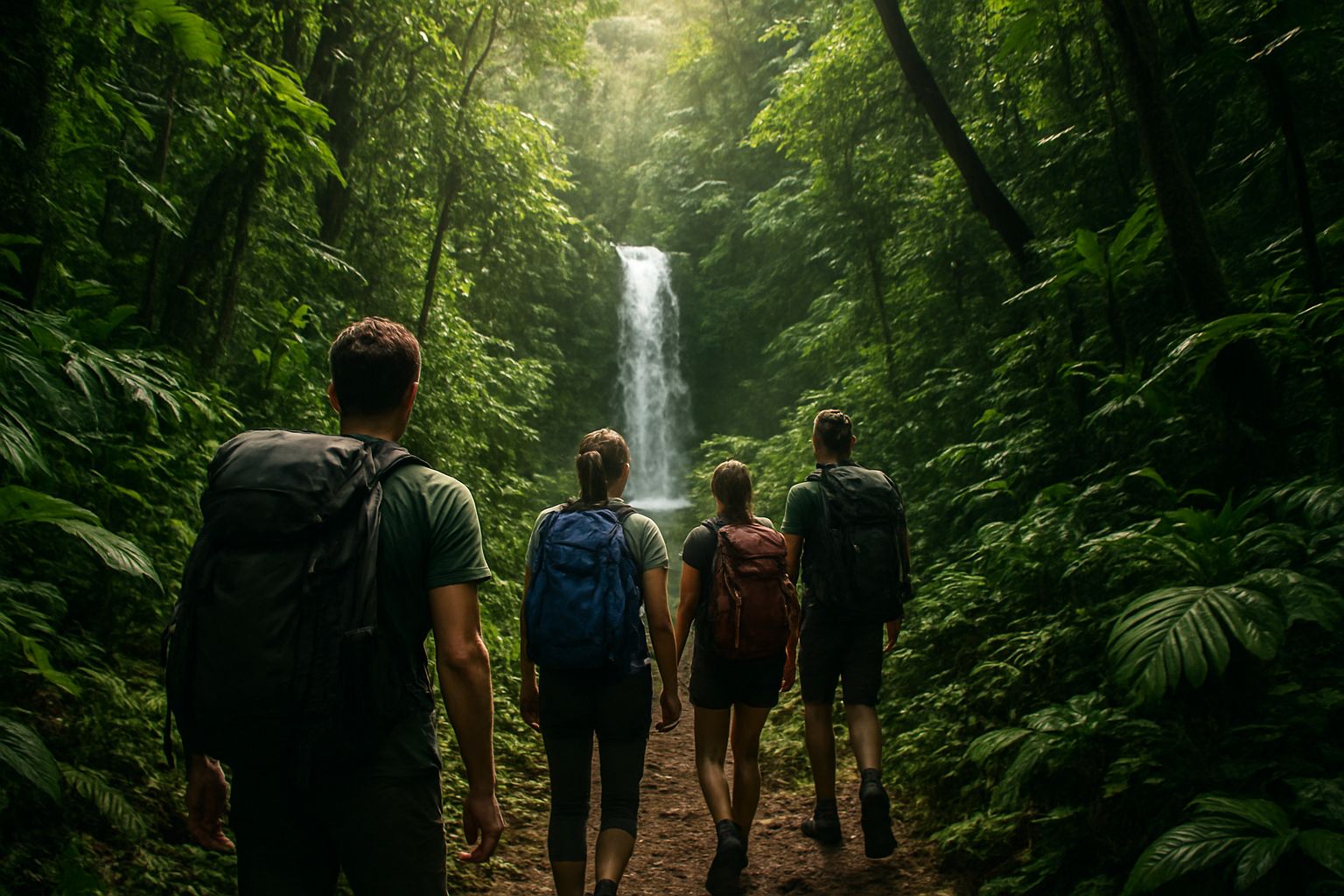 Grupo de senderistas cruzando la selva tropical hacia una cascada